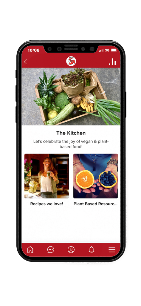 Deva & Miten’s Gayatri Sangha - Gayatri Sangha mobile app screen for The Kitchen featuring vegan and plant-based food recipes