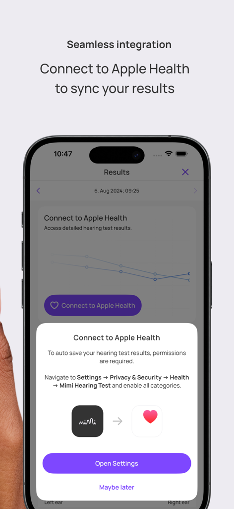 Mimi Hearing Test - A smartphone screen showing the Mimi Hearing Test app prompt to connect with Apple Health for syncing results