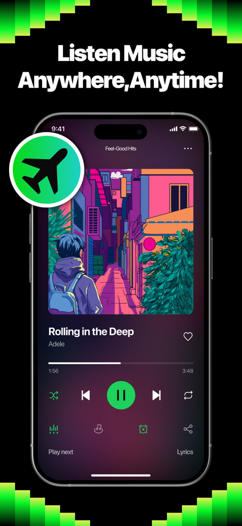 Offline music & local player - Pantalla de iPhone que muestra la interfaz del reproductor de la aplicación Música sin conexión con un icono de modo avión y el titular Escuchar música en cualquier momento y lugar