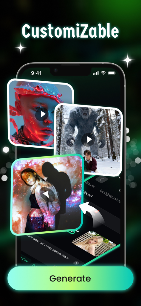 Vireel - AI Creative Studio - 大きな生成ボタンを備えたカスタマイズ可能なAI生成動画と画像を示すVireelアプリのスマートフォンの画面。