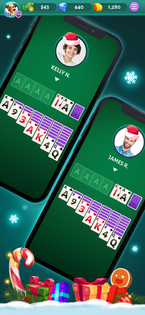 Solitaire Cash - Deux téléphones mobiles montrant un match compétitif de Solitaire Cash sur le thème des fêtes entre deux joueurs.