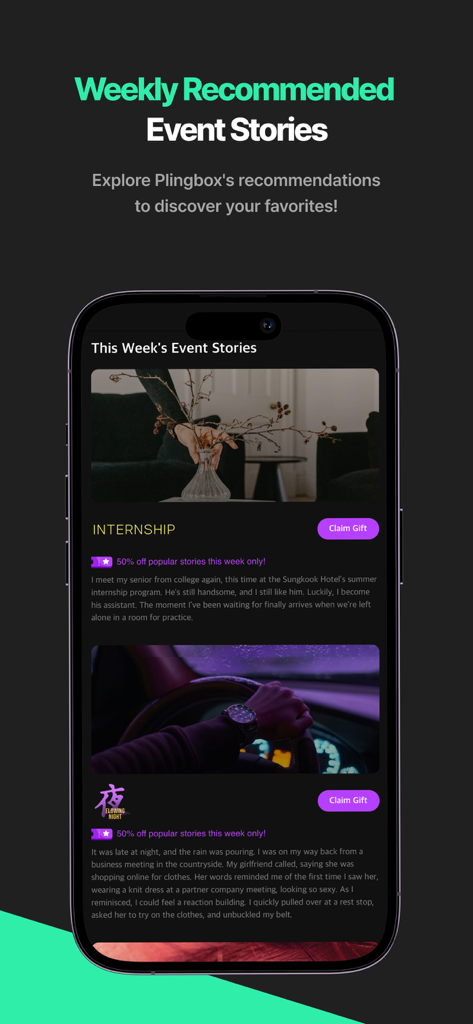 PLING : K-Drama Audio Stories - Una pantalla móvil de la aplicación PLING que muestra historias de audio de K-drama recomendadas semanalmente y regalos de eventos especiales