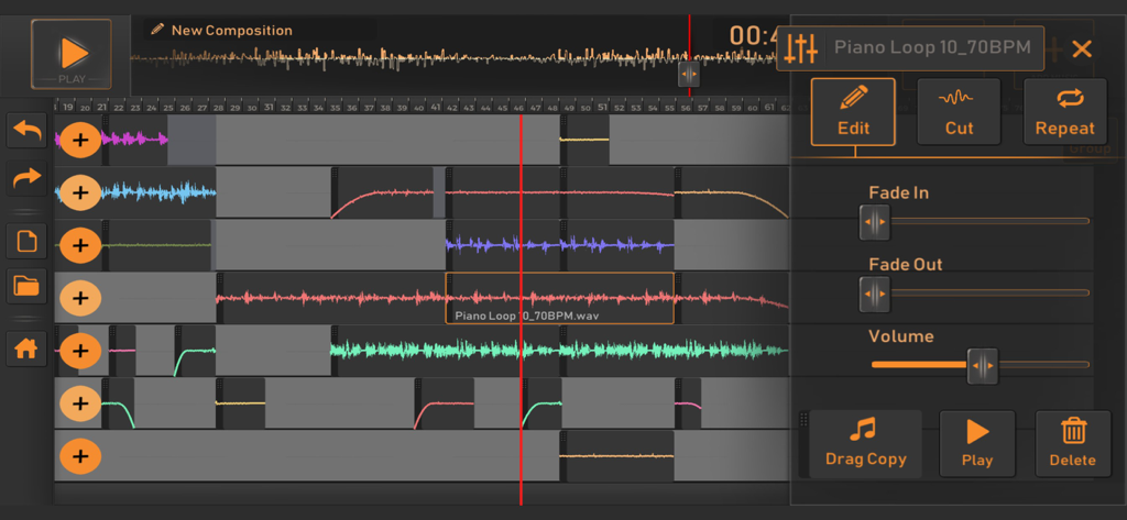 Multi track music editor interface with audio loops and mixing tools