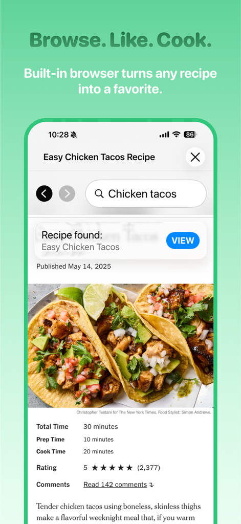 Rapp: Recipes & Shopping List - Rapp App integrierter Browser, der ein Hähnchen-Taco-Rezept anzeigt, das zum Speichern bereit ist