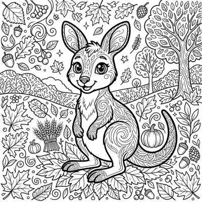Embark on an enchanting autumn journey with this delightful coloring page featuring a charming wallaby. Surrounded by intricate fall foliage and harvest treasures, it's a perfect activity to celebrate the season.
