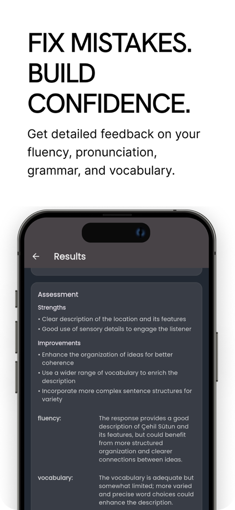 CELPIP Speaking Practice - Retour d'évaluation détaillé de l'IA pour la pratique de l'expression orale CELPIP montrant les points forts et les domaines à améliorer.