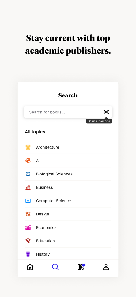 Perlego: Books & Textbooks - Search screen in the Perlego app displaying a list of academic subjects like business and computer science.