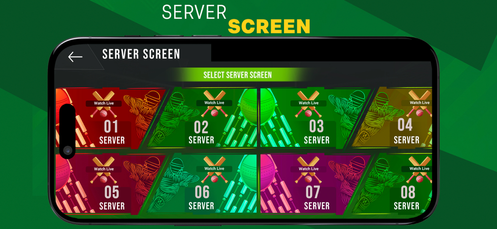 PTV Live Sports Cricket TV - Mobile app interface showing eight different server options for watching live cricket matches