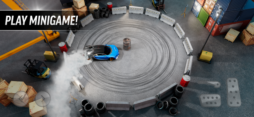 工業用倉庫のミニゲームで、青いスポーツカーがドラム缶の周りを円状にドリフトしている様子。