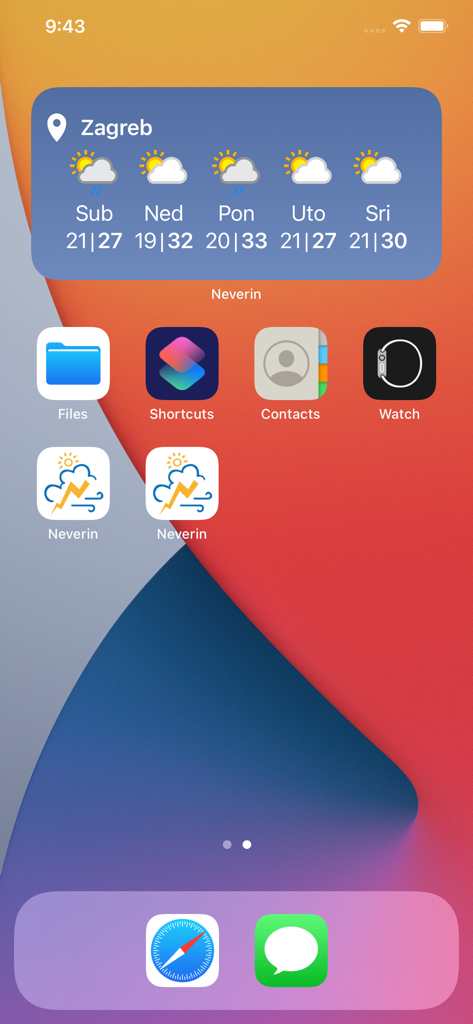 Neverin - Neverin weather app iOS home screen widget showing 5 day forecast for Zagreb