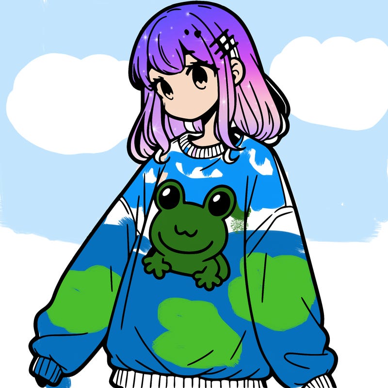 girl wearing frogging sweatshirt