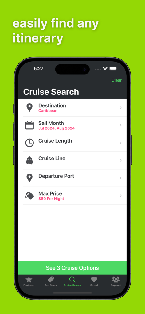 Eine mobile App-Oberfläche zum Suchen von Kreuzfahrten mit Filtern nach Ziel, Reisemonat und Preis pro Nacht
