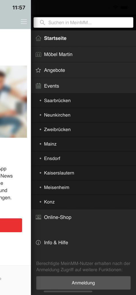 MeinMM - Menú de navegación lateral de la aplicación móvil MeinMM que muestra ubicaciones de tiendas y categorías de compras.