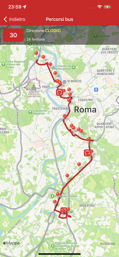Probus Rome - Atac Transport - A mobile map displaying the detailed route and stops for bus line 30 in Rome