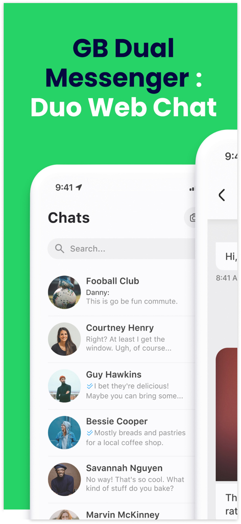 Gb Dual Messenger・Duo Web Chat - Interface de l'application GB Dual Messenger montrant une liste de conversations avec des photos de contacts