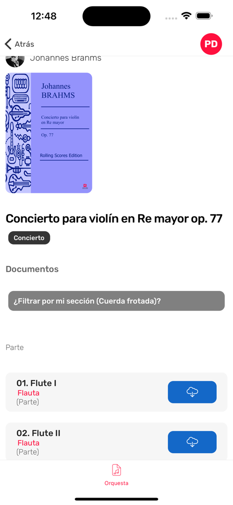 Rolling Scores - Rolling Scores app showing a list of orchestral parts for a violin concerto by Brahms with download options