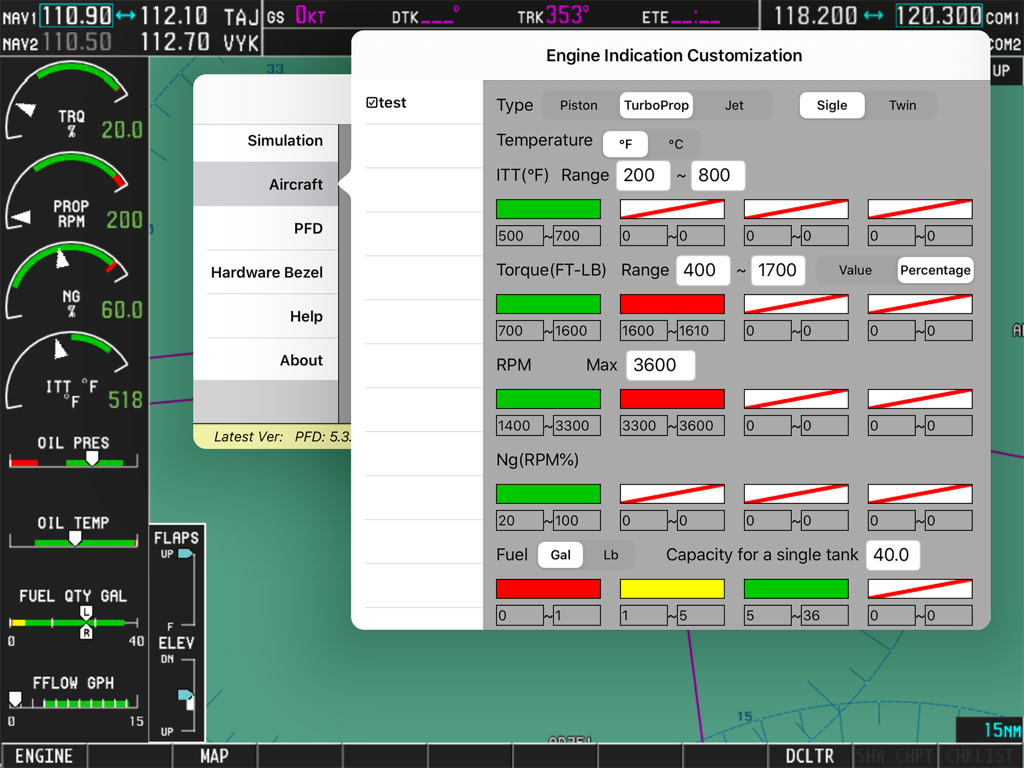Simionic G1000 MFD engine indication customization settings screen