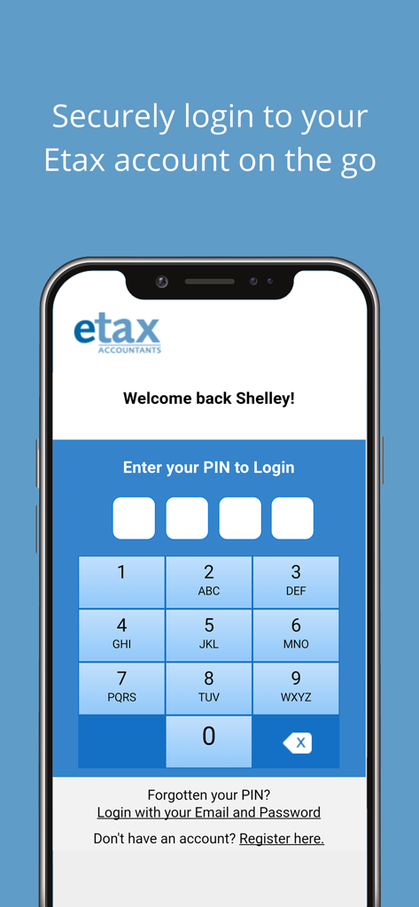 Secure PIN login screen for the Etax Mobile App showing a numeric keypad for account access.