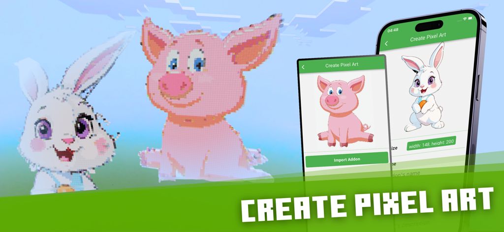 Minecraftの建築アプリのインターフェース。ピクセルアート作成機能が表示されています。