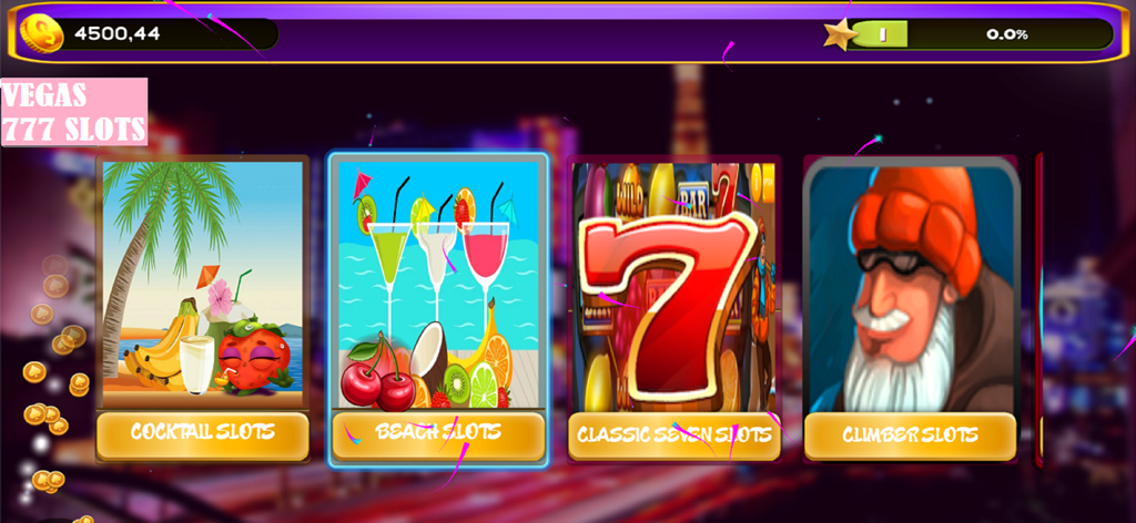 Selection of different slot machine themes including cocktail beach and classic seven in the Golden Club 777 app