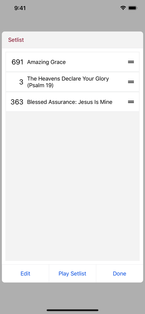 Lift Up Your Hearts Hymnal - A setlist screen in the Lift Up Your Hearts Hymnal app showing selected hymns like Amazing Grace and Blessed Assurance.
