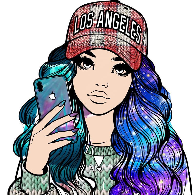 realistic beautiful girl wearing los ángeles cap holding an iphone
