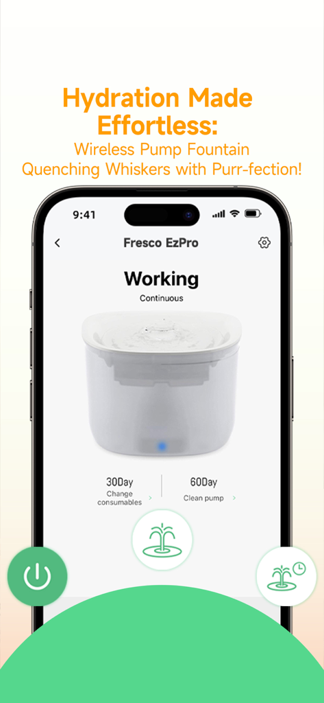 Interface of the Petoneer app showing the real-time status and maintenance schedule for the Fresco EzPro smart pet water fountain.