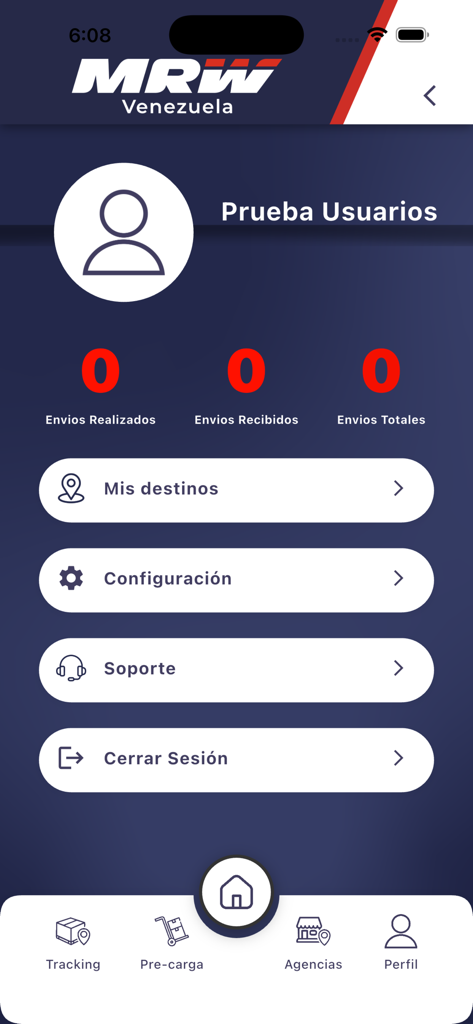 User profile screen of the MRW Movil app displaying shipment counters and account settings