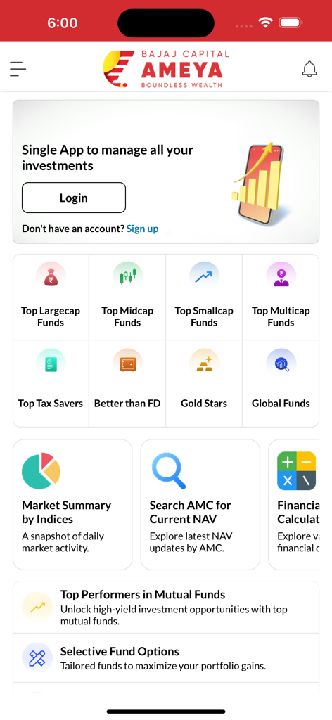 AMEYA - AMEYA mobile app dashboard displaying mutual fund categories and financial tools for Indian investments.