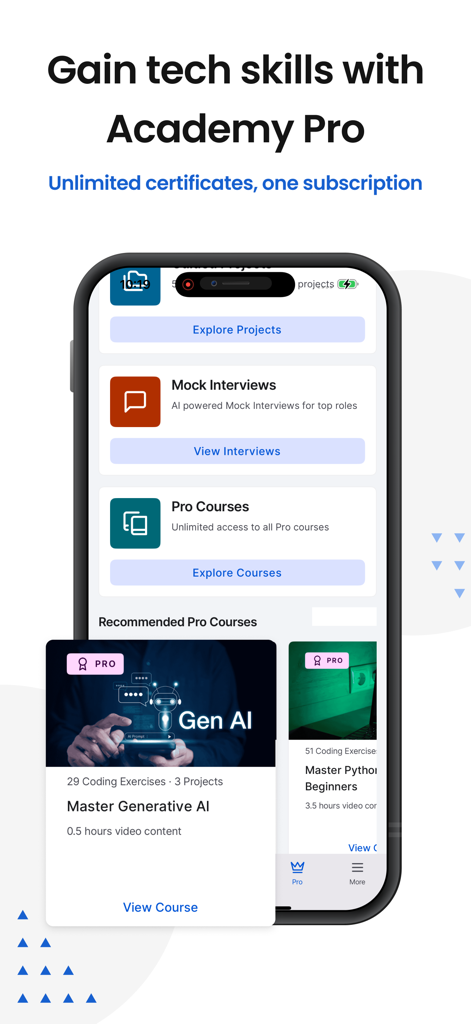Pantalla de la aplicación Great Learning que muestra los cursos de Academy Pro para habilidades tecnológicas e IA generativa con certificados ilimitados