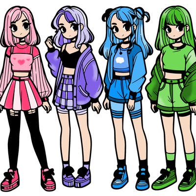 one girl with crop-top shirt and a jacket with a skirt, long socks and another girl with a shirt and pants with a jacket