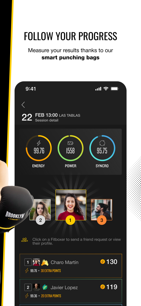 Brooklyn Fitboxing - Brooklyn Fitboxing app screen showing workout metrics like energy and power alongside a user leaderboard