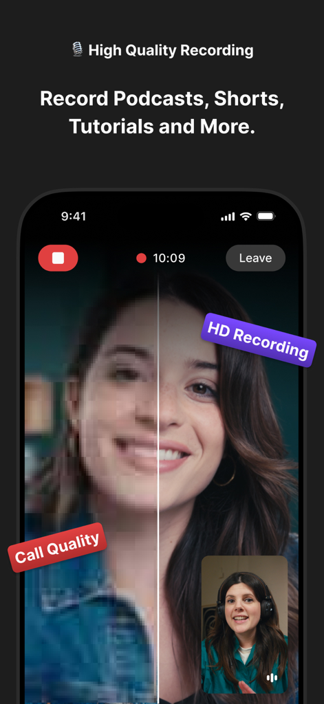 Riverside Podcast Video Studio - Confronto tra la qualità di una videochiamata pixelata e la registrazione chiara ad alta definizione nell'app Riverside