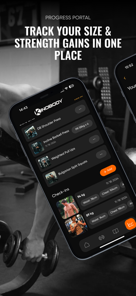 Kinobody Fitness - Kinobody app interface for tracking strength training and body measurements