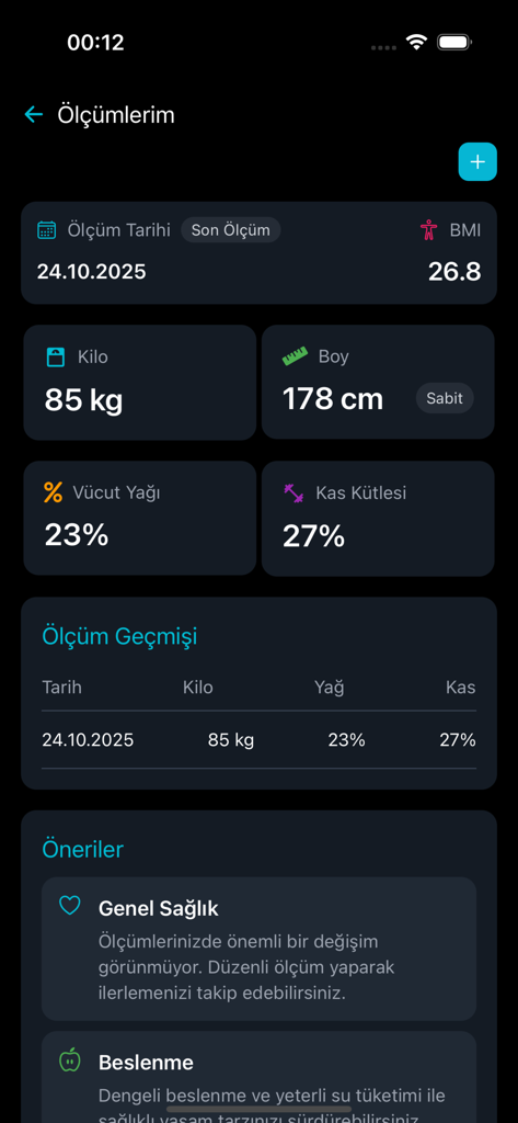 Reborn Fitness - Dashboard of Reborn Fitness app displaying user body statistics including weight, BMI, body fat percentage, and muscle mass.