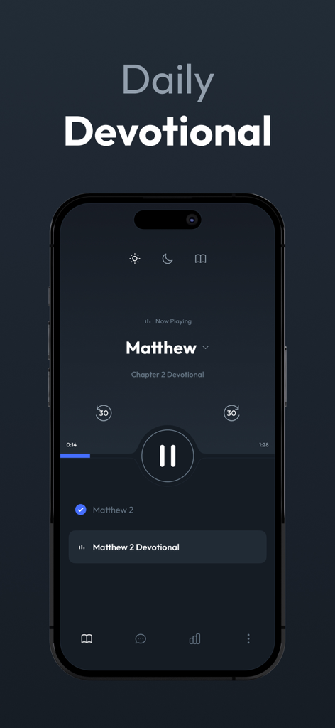 Audio player interface for the Daily Devotional feature on the Bedtime Bible app.