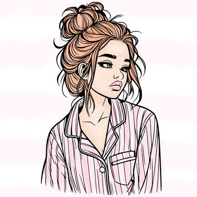 realistic woman with pajamas on and a messy bun