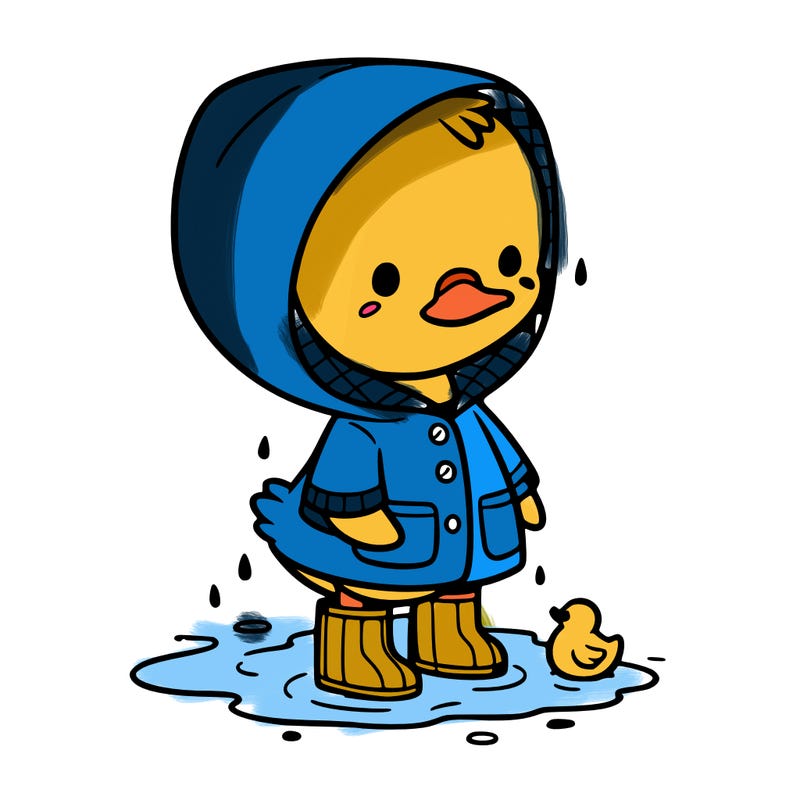 baby duck in a rain coat and boots, in a puddle while it’s raining