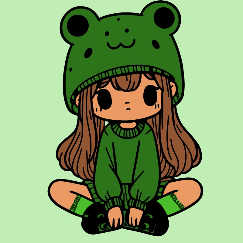 a girl wearing a frog hat and some frog socks