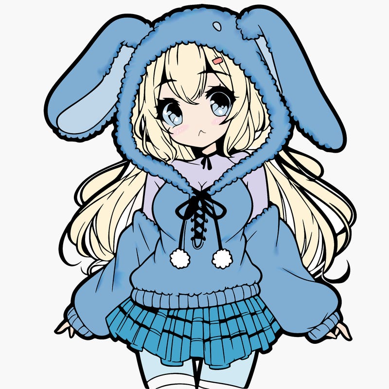pretty anime girl wearing a fluffy hoodie with bunny ears on the hood and a skirt