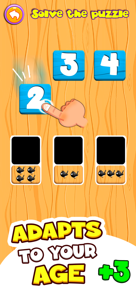 Dino Tim Premium: Basic math - A preschool math puzzle from the Dino Tim app showing number matching with groups of birds.