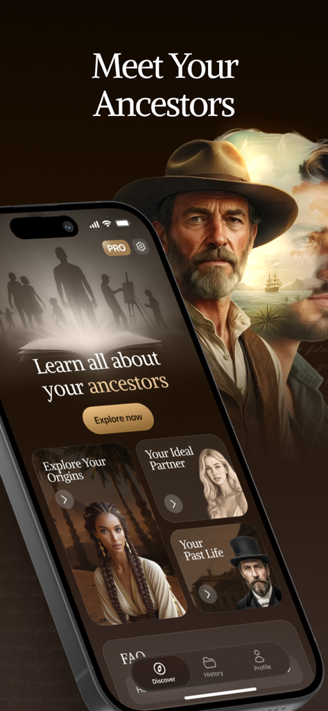 My Heritage & Ancestry: EDNA - EDNAモバイルアプリの画面。家族の起源と過去世を探求するオプションが表示されています。