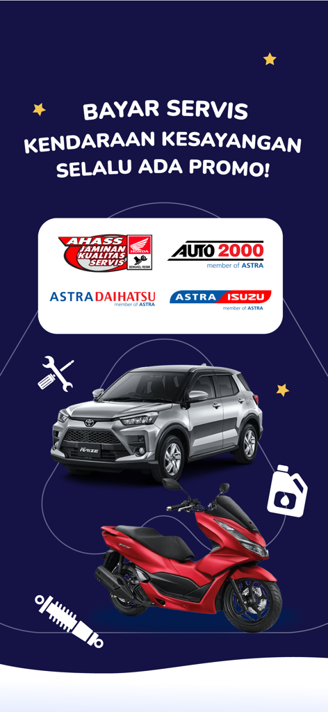 ASTRAPAY - AstraPay mobile app screen featuring promotional offers for car and motorcycle maintenance services.