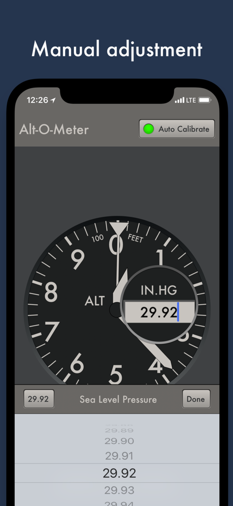 Alt-O-Meter - Tela de ajuste manual do aplicativo Alt-O-Meter mostrando um mostrador de altímetro retrô de avião e configurações de calibração de pressão ao nível do mar.
