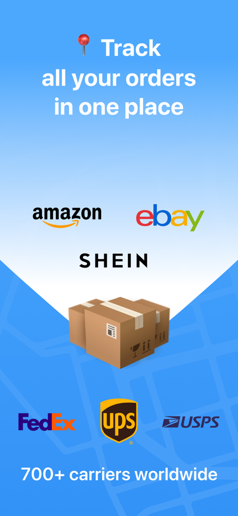 Package tracker: Parcels Hub - Parcels Hub app screen showing package tracking support for Amazon eBay and SHEIN with FedEx UPS and USPS logos