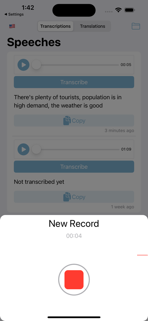Speechless: audios to texts - Interface do aplicativo Speechless mostrando uma gravação de voz ao vivo e mensagens de áudio transcritas