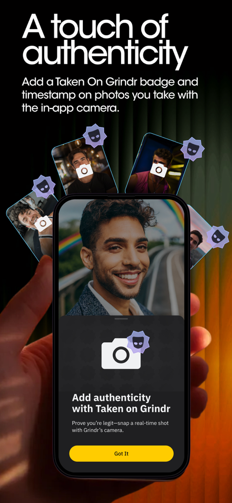 Grindr app interface showing the Taken on Grindr feature which adds an authenticity badge to real-time photos.
