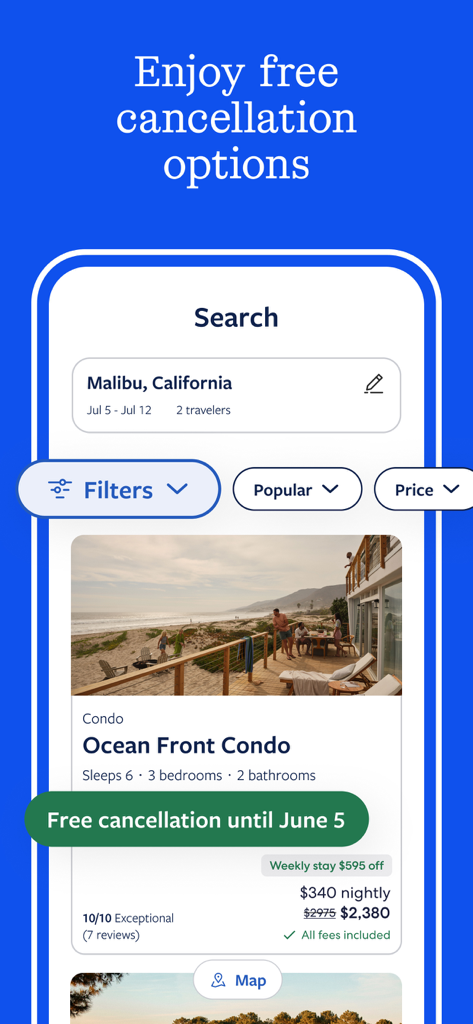 Vrbo app interface showing a Malibu ocean front condo search result with a free cancellation badge