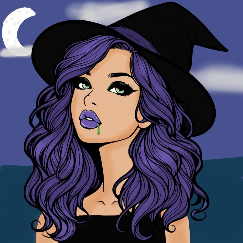 realistic witch girl with wavy hair and lips