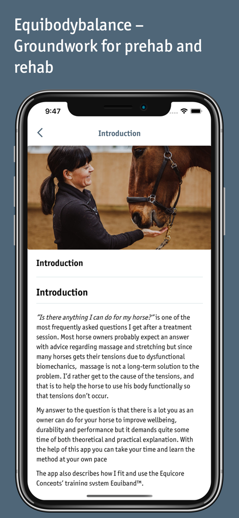 Equibodybalance - Introduction screen of the Equibodybalance app for horse prehab and rehab groundwork.